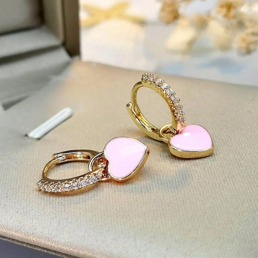 Pink Sexy Women's Cubic Zirconia Decor Heart Drop Earrings Valentines